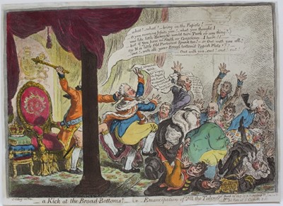 Lot 1045 - James Gillray (1756-1815) hand coloured etching, A kick at the broad bottoms, published H. Humphrey 1807, 27 x 37cm