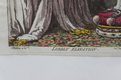 Lot 1046 - James Gillray (1756-1815) hand coloured etching, Lordly Elevation, published H. Humphrey 1802, 27 x 21cm