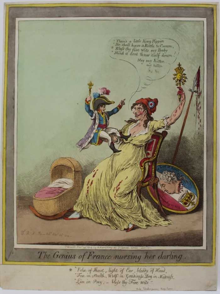 Lot 1047 - James Gillray (1756-1815) hand coloured etching, The Genius of France nursing her Darling', published H Humphrey 1804, 34 x 26cm