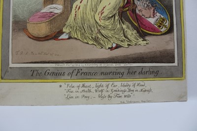 Lot 1047 - James Gillray (1756-1815) hand coloured etching, The Genius of France nursing her Darling', published H Humphrey 1804, 34 x 26cm