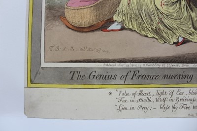 Lot 1047 - James Gillray (1756-1815) hand coloured etching, The Genius of France nursing her Darling', published H Humphrey 1804, 34 x 26cm