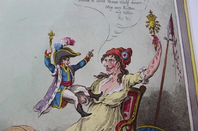 Lot 1047 - James Gillray (1756-1815) hand coloured etching, The Genius of France nursing her Darling', published H Humphrey 1804, 34 x 26cm