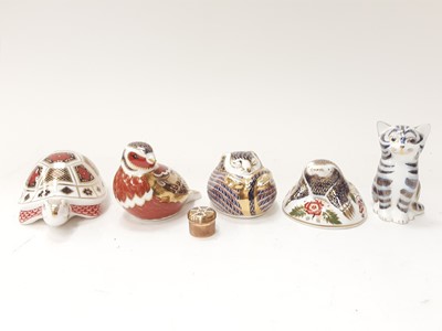 Lot 1169 - Five Royal Crown Derby paperweights including mole and tortoise, plus a pill box (6)