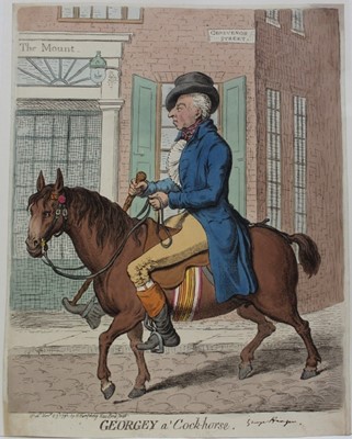 Lot 1051 - James Gillray (1756-1815) two hand coloured etchings, Georgey a' Cock Horse. Staggering Bobs, both published H. Humphrey 1796, 36 x 27cm. (2)