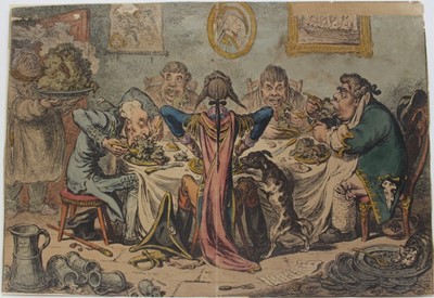 Lot 1052 - James Gillray (1756-1815) six etchings, including Germans eating sour-krout, For improving the breed, French Habits No. 5, A Paris Beau and A Paris Belle. (5)