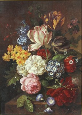 Lot 1220 - Francois Gabriel (1893 - 1993), oil on panel, A still life of summer flowers on a marble ledge, signed, in gilt frame. 41 x 31cm.