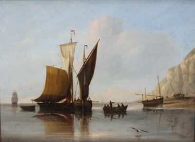 Lot 1239 - 19th Century English School, A coastal scene with fishing vessels in a calm sea, in 
original oak frame. 44 x 50cm.