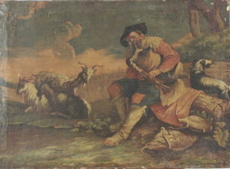 Lot 1238 - 18th Century Italian School, oil on canvas, Goats, a herdsman playing bagpipes and his dog in a  
landscape, unframed. 38 x 53cm.