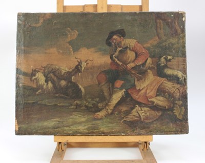 Lot 1238 - 18th Century Italian School, oil on canvas, Goats, a herdsman playing bagpipes and his dog in a  
landscape, unframed. 38 x 53cm.