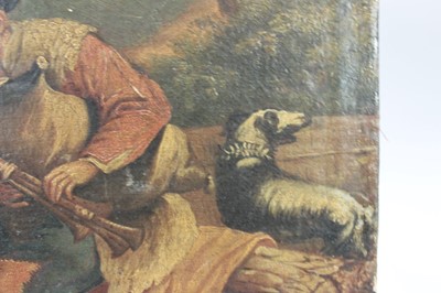 Lot 1238 - 18th Century Italian School, oil on canvas, Goats, a herdsman playing bagpipes and his dog in a  
landscape, unframed. 38 x 53cm.