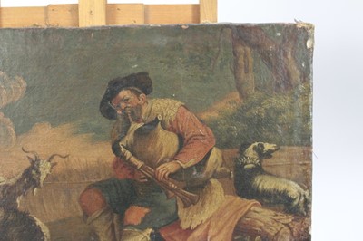 Lot 1238 - 18th Century Italian School, oil on canvas, Goats, a herdsman playing bagpipes and his dog in a  
landscape, unframed. 38 x 53cm.