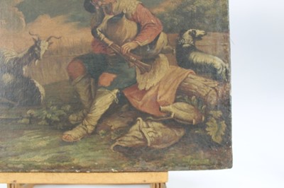 Lot 1238 - 18th Century Italian School, oil on canvas, Goats, a herdsman playing bagpipes and his dog in a  
landscape, unframed. 38 x 53cm.