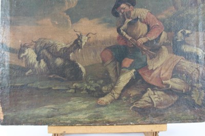 Lot 1238 - 18th Century Italian School, oil on canvas, Goats, a herdsman playing bagpipes and his dog in a  
landscape, unframed. 38 x 53cm.