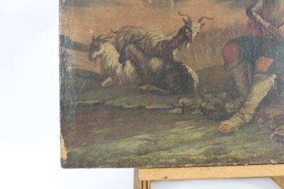 Lot 1238 - 18th Century Italian School, oil on canvas, Goats, a herdsman playing bagpipes and his dog in a  
landscape, unframed. 38 x 53cm.