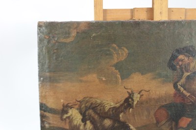 Lot 1238 - 18th Century Italian School, oil on canvas, Goats, a herdsman playing bagpipes and his dog in a  
landscape, unframed. 38 x 53cm.