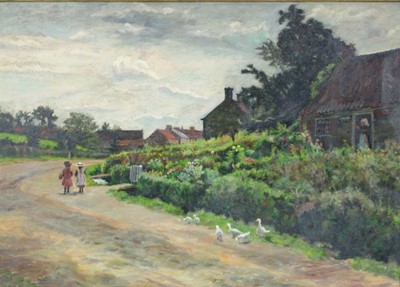 Lot 1235 - Emily M. Prowde, oil on canvas,  
A view in the village of Kilburn, Lancs, with a mother 
waving her children off to school, signed 
inscribed and dated 1895 verso, in gilt frame. 32 x 46cm.