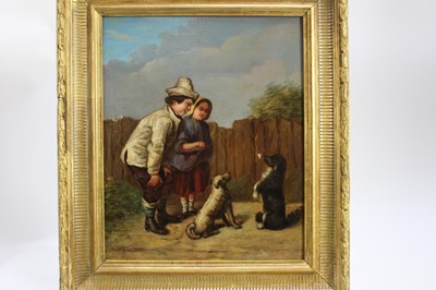 Lot 1221 - 19th Century English School, oil on panel,  
Two children teaching dogs to do tricks,  
indistinctly signed, in gilt frame. 32 x 27cm.