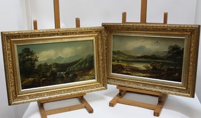 Lot 1233 - A pair of 19th Century English School, oil on board,  
A view across Loch Katrine and another view in Scotland, one inscribed verso, in gilt frames. 
Each 28 x 48cm. (2)