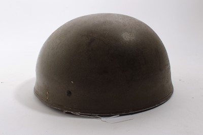 Lot 771 - Scarce Second World War British Military Airborne Forces steel helmet with webbing harness, tan leather head band stamped B.M.B ( for Briggs Motor Bodies, Ltd (Dagenham), the outer painted with gre...