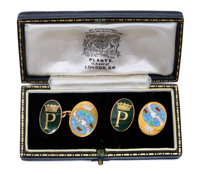 Lot 2 - H.R.H. The Duke of Edinburgh - a fine pair of 9ct gold and enamel presentation cufflinks commemorating The Duke's World tour on board H.M.Yacht Britannia in 1956-1957 with crowned P and crowned glo...