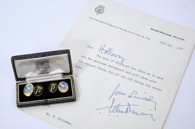 Lot 2 - H.R.H. The Duke of Edinburgh - a fine pair of 9ct gold and enamel presentation cufflinks commemorating The Duke's World tour on board H.M.Yacht Britannia in 1956-1957 with crowned P and crowned glo...