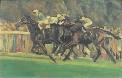 Lot 1222 - 20th Century French School, oil on panel, Detroit winning the Arc de Triomphe in 1980,  
in black frame. 28 x 44cm.