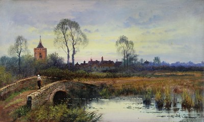 Lot 1236 - John H. Cole,  
oil on board,  A late 19th century view of Acle near Yarmouth, signed, in gilt frame.  35 x 58cm.