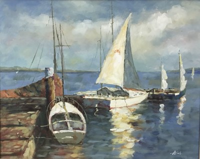 Lot 262 - Continental school oil on canvas study of yachts moored