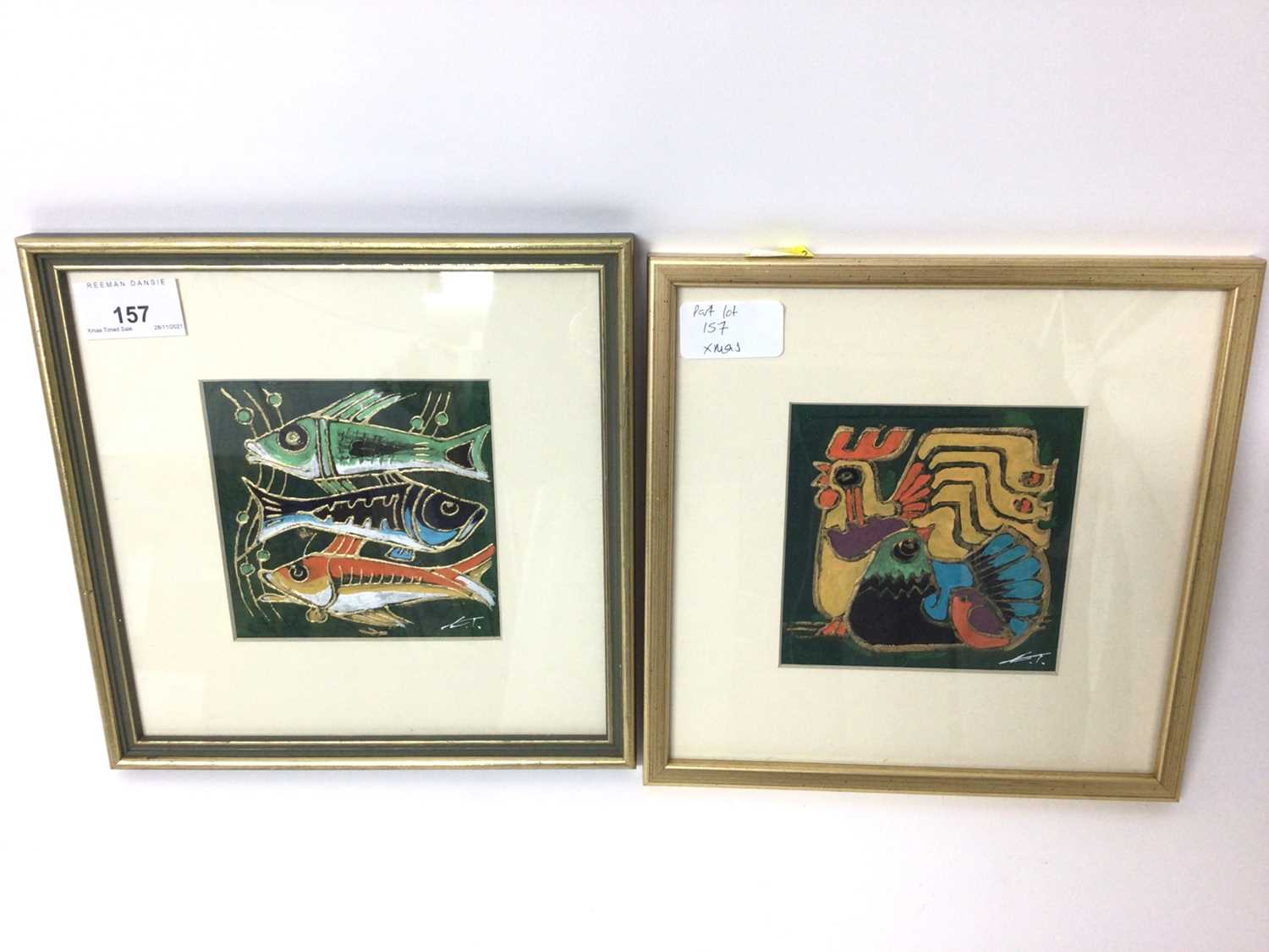 Lot 157 - Pair of Contemporary studies of Fish and Chickens, monogrammed E. T.  mounted in glazed gilt frame (2)