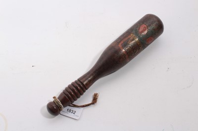 Lot 1032 - Victorian turned wood truncheon with ribbed grip, painted V.R. cypher and dated 1857, cm in length