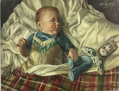 Lot 6 - Alice Rebecca Kendall (1922-2011) oil on canvas, Baby and toy, signed  
N.B. Alice Rebecca Kendall was the President of the Royal Society of Women Artists