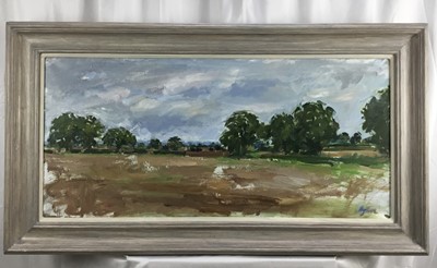 Lot 14 - Henrietta Charteris (b. 1979) oil on canvas landscape, 95cm x44cm framed. Overall 114cm x 64cm.