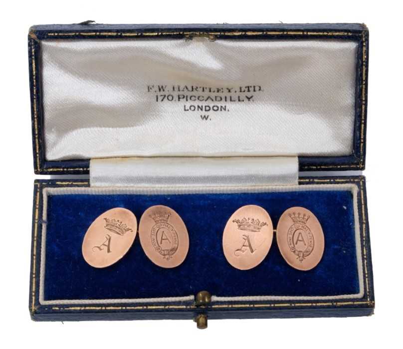Lot 5 - Major-General The Honourable Earl of Athlone K.G. and H.R.H. Princess Alice - fine pair presentation 9ct gold cufflinks with engraved crowned A ciphers in original box with gilt embossed crowned A...