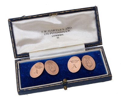Lot 5 - Major-General The Honourable Earl of Athlone K.G. and H.R.H. Princess Alice - fine pair presentation 9ct gold cufflinks with engraved crowned A ciphers in original box with gilt embossed crowned A...