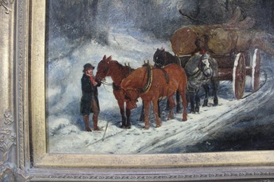Lot 146 - Manner of Thomas Smythe (1825-1907) oil on canvas - The Timber Wagon in snow covered woodland