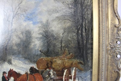 Lot 278 - Manner of Thomas Smythe (1825-1907) oil on canvas - The Timber Wagon in snow covered woodland