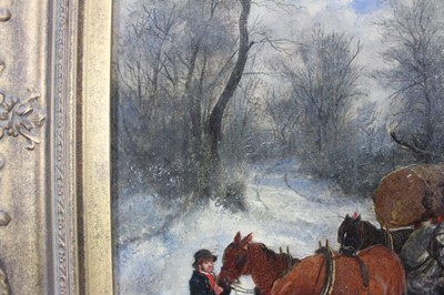 Lot 146 - Manner of Thomas Smythe (1825-1907) oil on canvas - The Timber Wagon in snow covered woodland