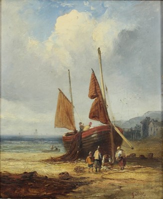 Lot 1030 - John Collier, 19th century, oil on board - fishing boat on the shore, signed