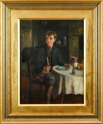 Lot 1268 - John Wells Smith (act.1870-c.1875) oil on canvas - a boy seated at a table, monogrammed, 42cm x 32cm, in gilt frame