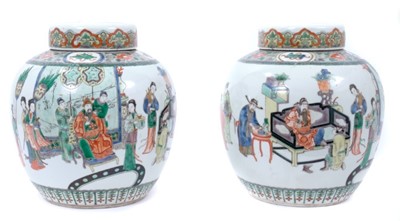 Lot 100 - Fine pair of Chinese famille verte porcelain ginger jars and covers, Kangxi (1662-1722), decorated with figural scenes and patterned borders, the covers painted with boys playing and a Ruyi border,...
