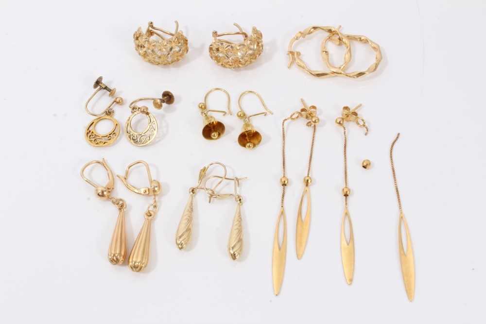 Lot 50 - Seven pairs 9ct gold earrings including hoops, cuffs, drops and bells
