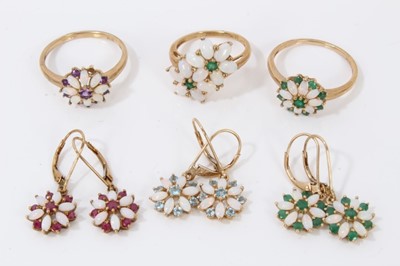 Lot 53 - Three 9ct gold opal and gem set flower head rings and three pairs similar style 9ct gold earrings