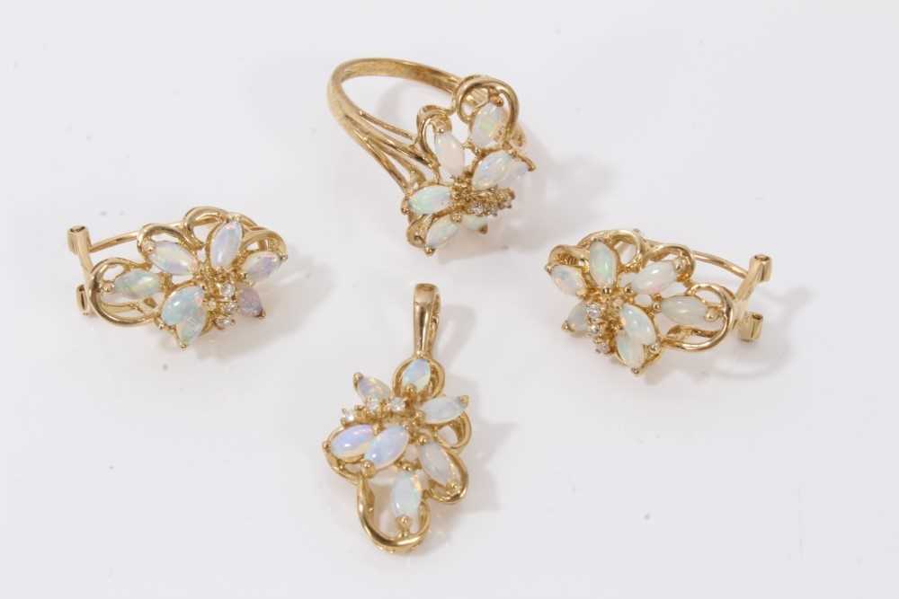 Lot 54 - 9ct gold opal and diamond cluster jewellery set to include a ring, pendant and pair of earrings