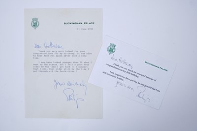 Lot 13 - H.R.H. The Duke of Edinburgh, two signed typed thank you letters on Buckingham Palace headed notepaper with Duke of Edinburgh's Royal ciphers - sent to William Holloway - the Dukes former Page, tha...