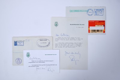 Lot 13 - H.R.H. The Duke of Edinburgh, two signed typed thank you letters on Buckingham Palace headed notepaper with Duke of Edinburgh's Royal ciphers - sent to William Holloway - the Dukes former Page, tha...