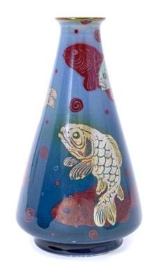 Lot 105 - Pilkington's Royal Lancastrian lustre vase, of tapering round form with flared rim, decorated with goldfish, marks to base, 15.25cm high