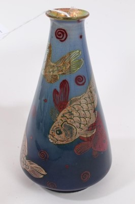 Lot 105 - Pilkington's Royal Lancastrian lustre vase, of tapering round form with flared rim, decorated with goldfish, marks to base, 15.25cm high