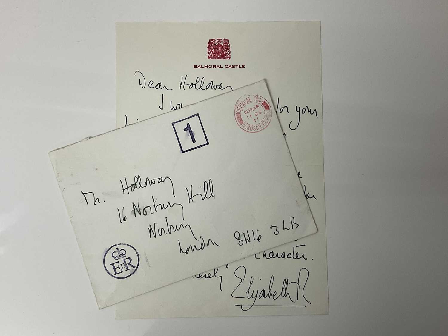 Lot 15 - H.M.Queen Elizabeth II, handwritten thank you letter to William Holloway - The Duke of Edinburgh's retired Page, written on Balmoral Castle headed notepaper thanking him for his letter of sympathy