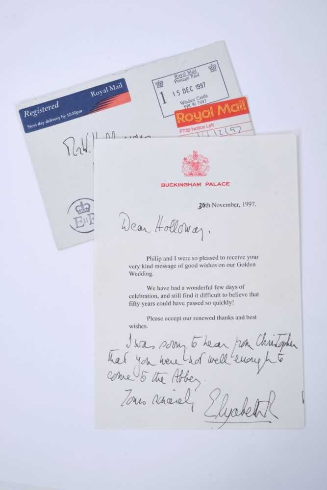 Lot 16 - H.M.Queen Elizabeth II - part typed and handwritten thank you letter dated 30th November 1997 to Mr William Holloway the Duke of Edinburgh's retired Page, thanking him for his message of good wish...