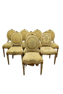 Lot 1305 - Interesting set of eight 19th century gilt and grey painted salon chairs